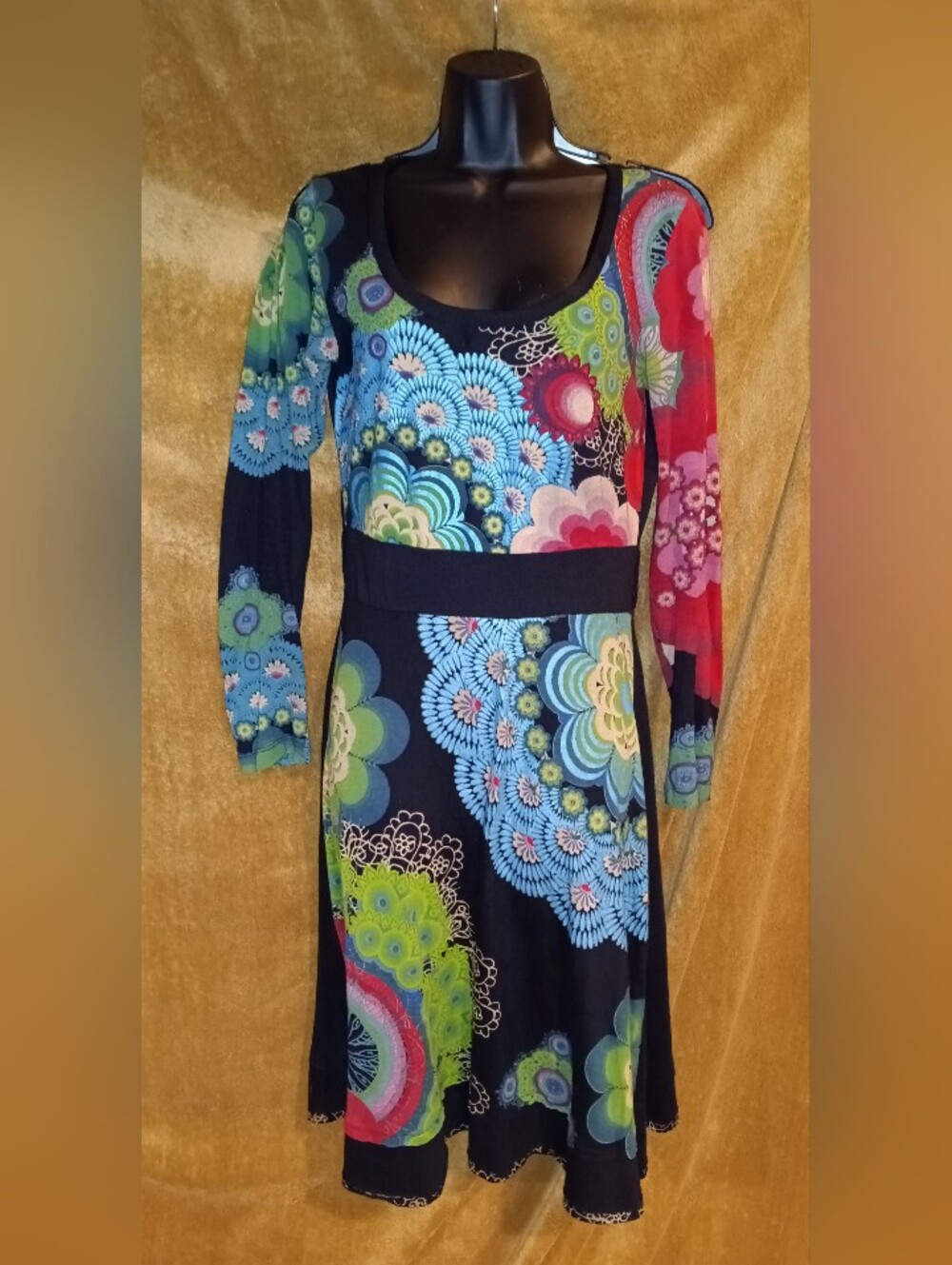 Desigual Long Sleeve Floral Fit-and-Flare Dress Multi-Color Mandala Print Sz S
